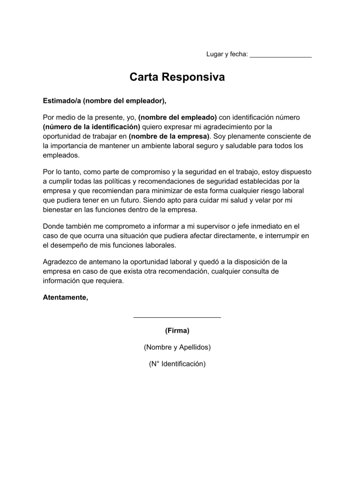 carta responsiva de riesgo de trabajo en formato word