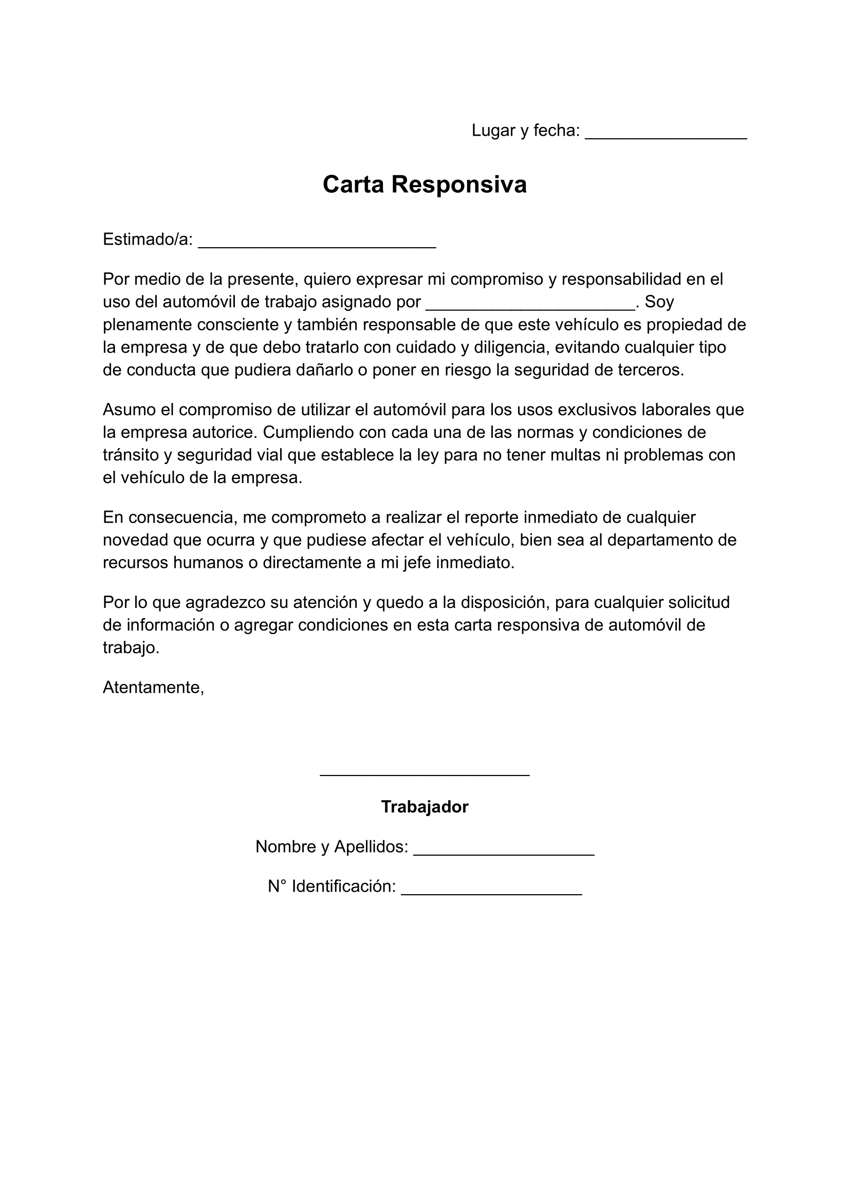 plantilla de carta responsiva de automóvil de trabajo para imprimir