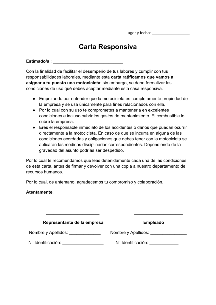 carta responsiva de motocicleta de trabajo para imprimir