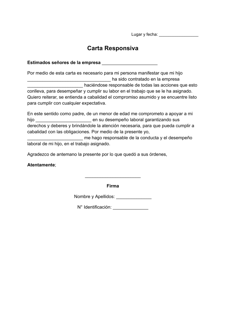 carta responsiva de trabajo para mi hijo para imprimir